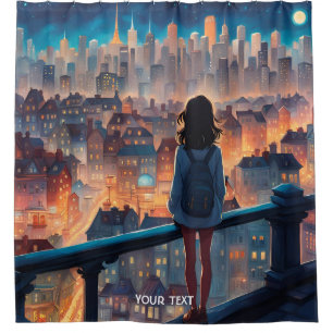 Fantasy Cute Vivid Girl City View Shower Curtain