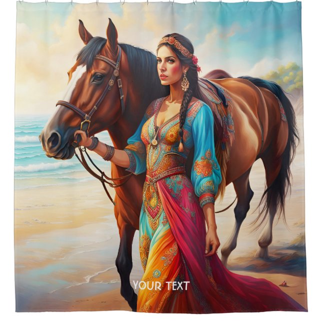Fantasy Cute Vivid Girl Horse Sea Shower Curtain (Front)