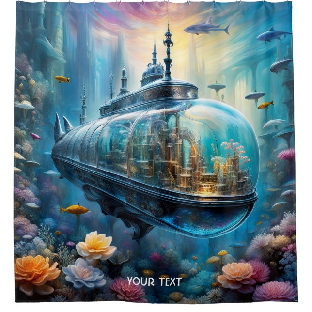 Fantasy Cute Vivid Glass Submarine Flowers Shower Curtain (Front)