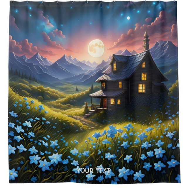 Fantasy Cute Vivid House Night Moon Shower Curtain (Front)