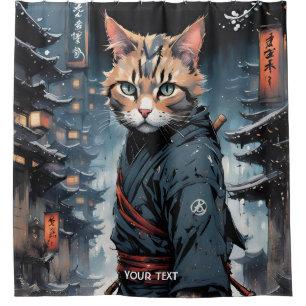Fantasy Cute Vivid Japanese Cat Warrior Shower Curtain