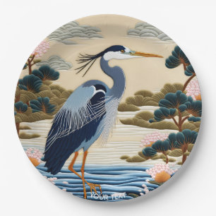 Fantasy Cute Vivid Japanese Heron Blue Paper Plate