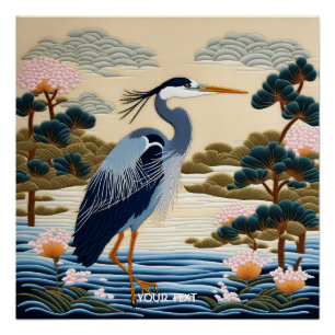 Fantasy Cute Vivid Japanese Heron Blue Poster