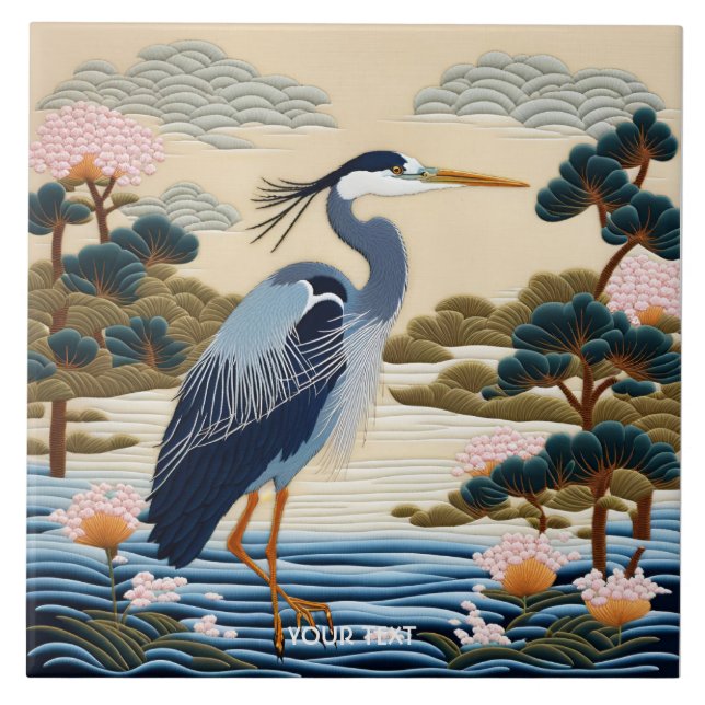 Fantasy Cute Vivid Japanese Heron Blue Tile (Front)