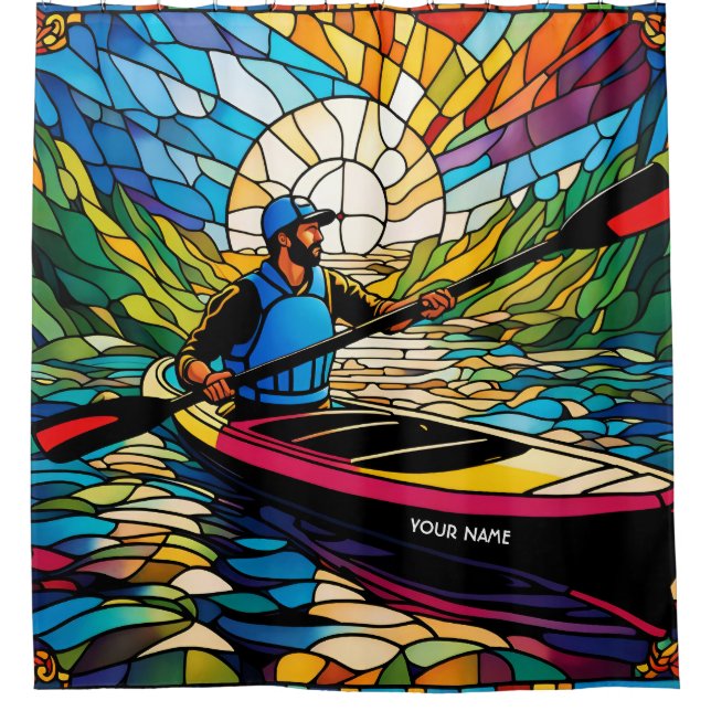 Fantasy Cute Vivid Kayaking Stained Glass Shower Curtain (Front)