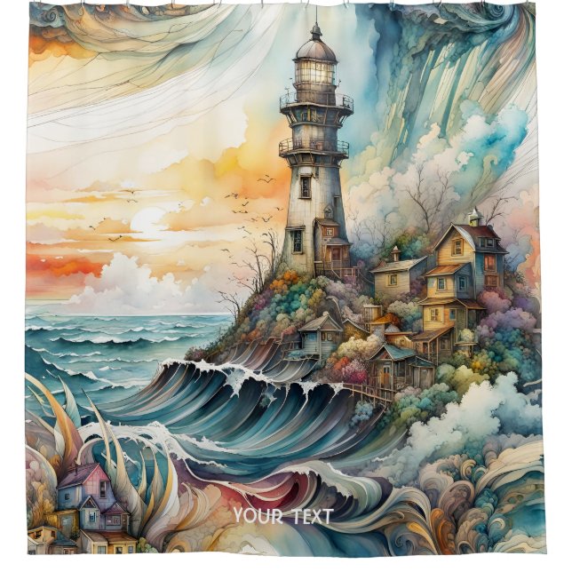 Fantasy Cute Vivid Lighthouse Cartoon Storm Shower Curtain (Front)