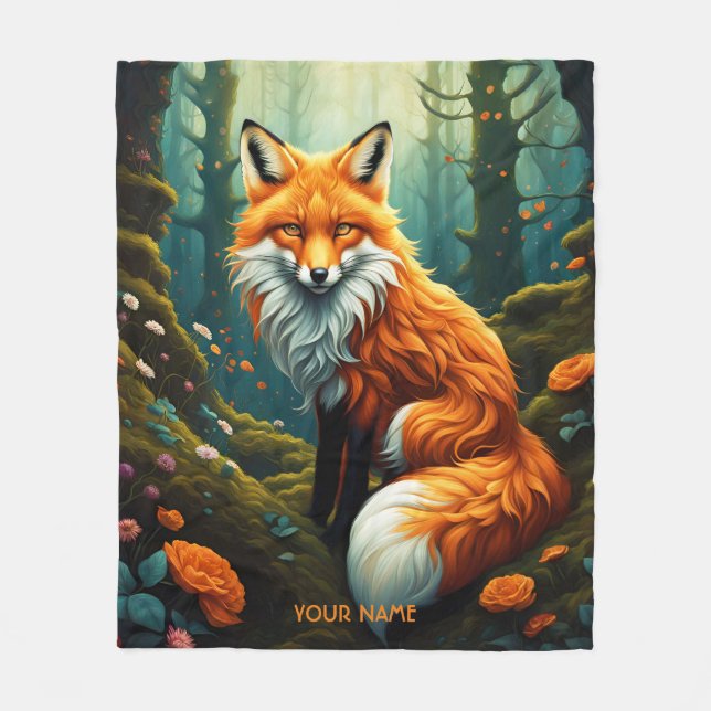 Fantasy Cute Vivid Majestic Fox Flowers Fleece Blanket (Front)