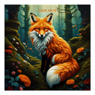 Fantasy Cute Vivid Majestic Fox Flowers Poster