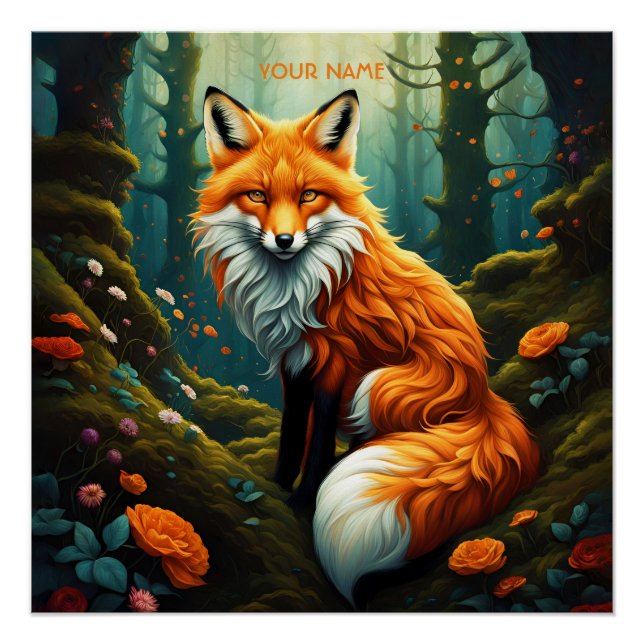 Fantasy Cute Vivid Majestic Fox Flowers Poster (Front)