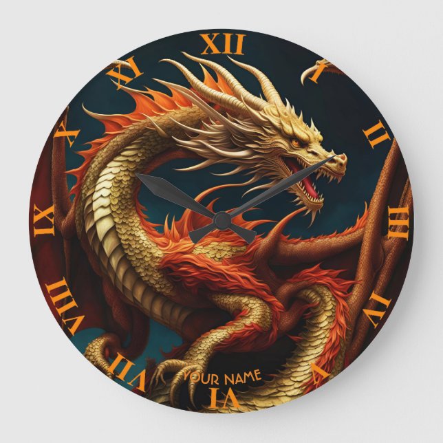 Fantasy Cute Vivid Majestic Great Dragon Large Clock (Front)