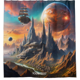 Fantasy Cute Vivid Mountains Planets Ship Shower Curtain