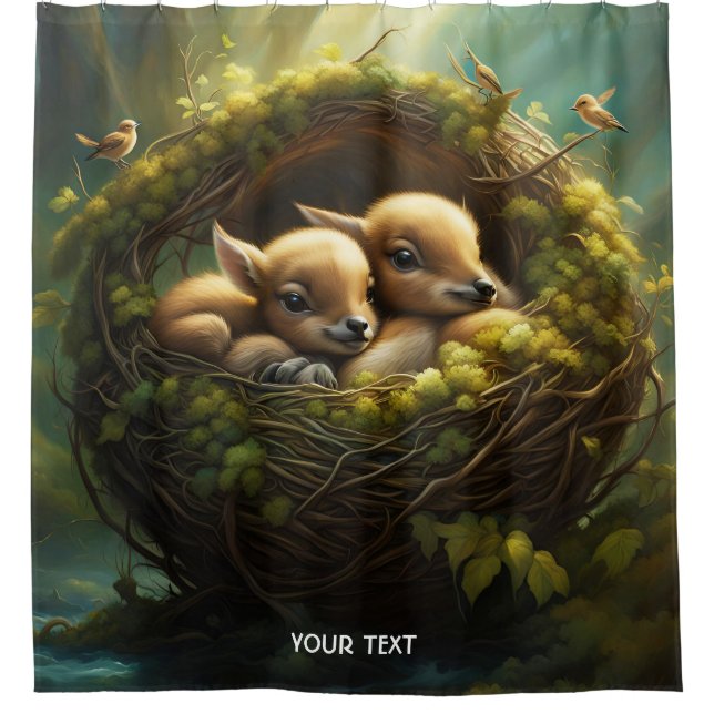 Fantasy Cute Vivid Nest Baby Fawns Shower Curtain (Front)