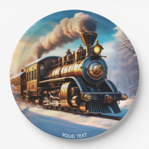 Fantasy Cute Vivid Old Train Winter Paper Plate