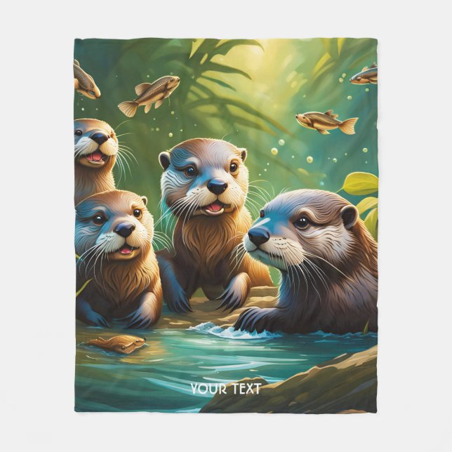 Fantasy Cute Vivid Otter Family Fish Fleece Blanket (Front)