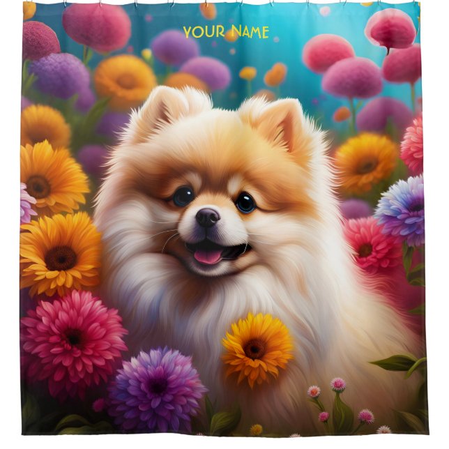 Fantasy Cute Vivid Pomeranian Baby Flowers Shower Curtain (Front)