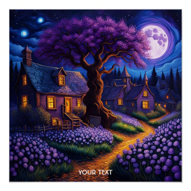Fantasy Cute Vivid Purple Village Moon Poster (Front)