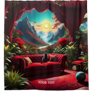 Fantasy Cute Vivid Red Couch Cat Shower Curtain