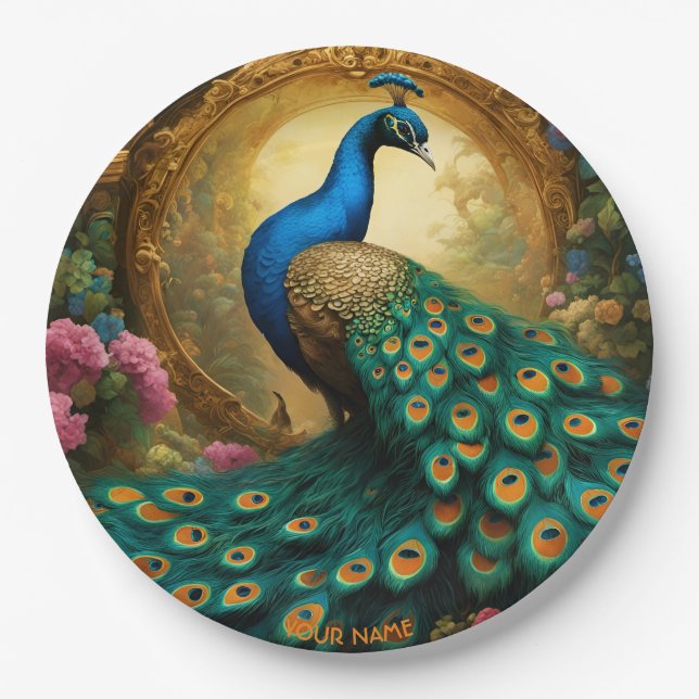 Fantasy Cute Vivid Romantic Peacock Portrait Paper Plate (Front)