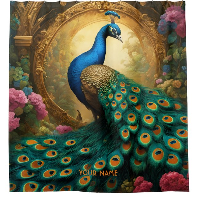 Fantasy Cute Vivid Romantic Peacock Portrait Shower Curtain (Front)