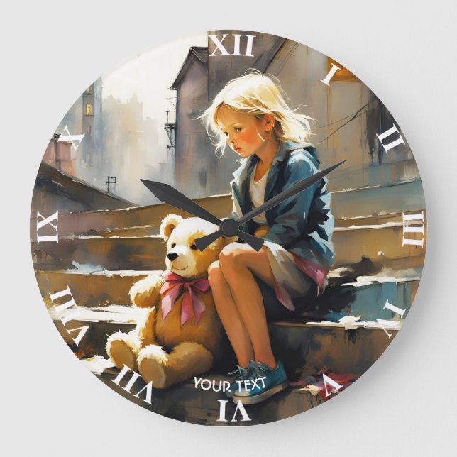 Fantasy Cute Vivid Sad Girl Bear Large Clock (Front)