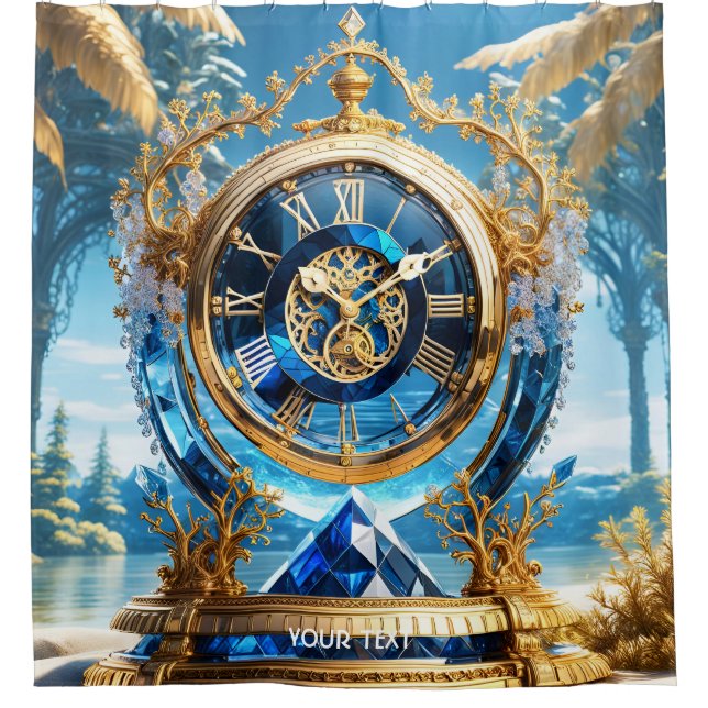 Fantasy Cute Vivid Sapphire Clock Sea Shower Curtain (Front)