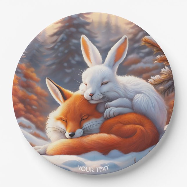 Fantasy Cute Vivid Sleeping Fox Hare Paper Plate (Front)