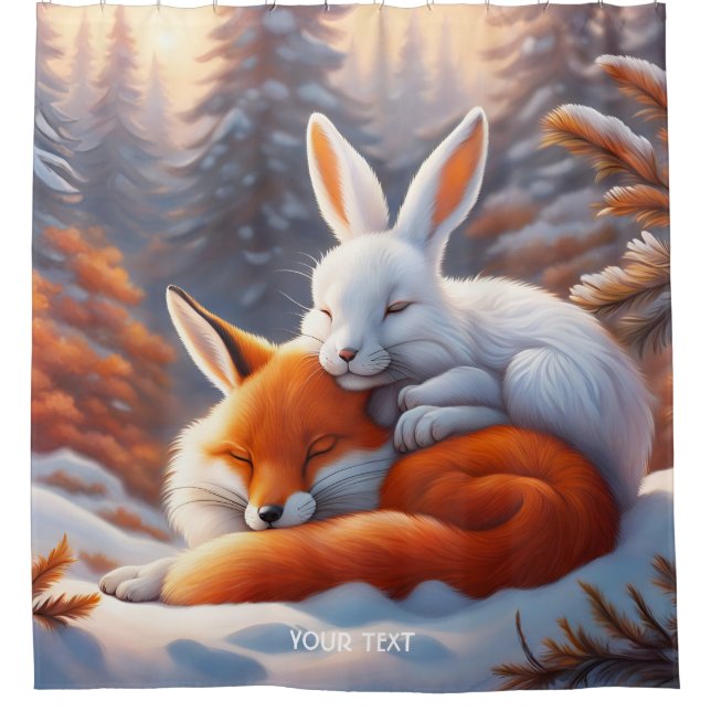 Fantasy Cute Vivid Sleeping Fox Hare Shower Curtain (Front)