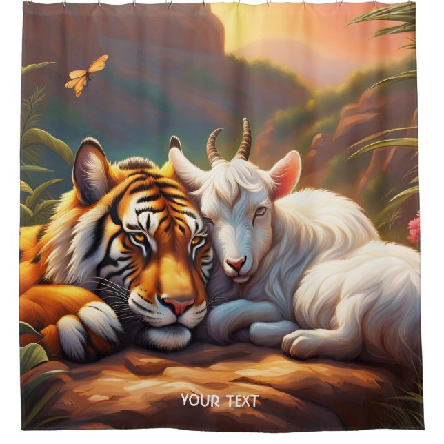 Fantasy Cute Vivid Sleeping Tiger Goat Shower Curtain (Front)