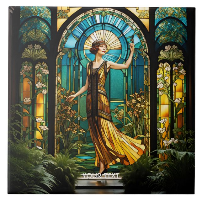 Fantasy Cute Vivid Stained Glass Woman Tile (Front)