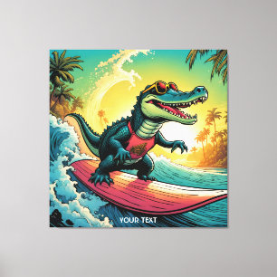 Fantasy Cute Vivid Surfing Crocodile Wave Canvas Print