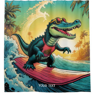Fantasy Cute Vivid Surfing Crocodile Wave Shower Curtain