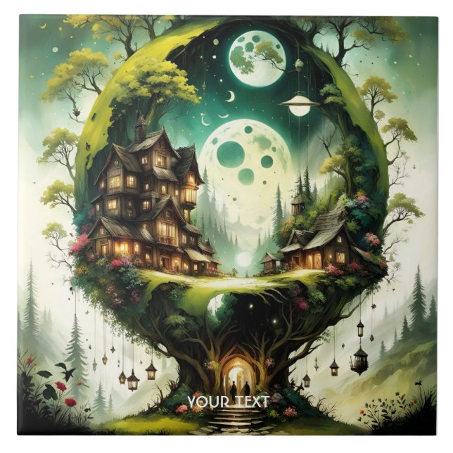 Fantasy Cute Vivid Tree House Moon Tile (Front)