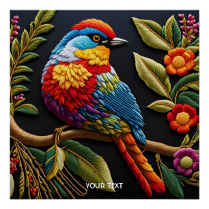 Fantasy Cute Vivid Vibrant Embroidered Bird Poster