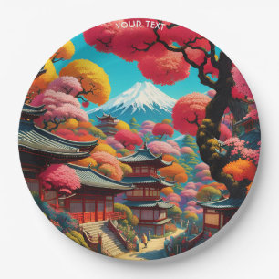 Fantasy Cute Vivid Vibrant Japanese Landscape Paper Plate