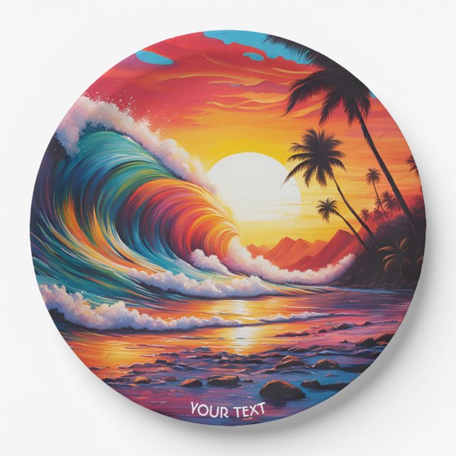 Fantasy Cute Vivid Waves Beach Sunset Paper Plate (Front)