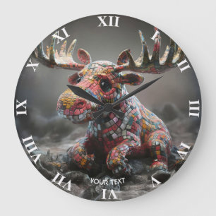 Fantasy Cute Wacky Mosaic Moose Large Clock