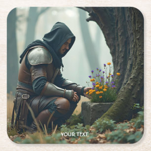 Fantasy Cute Warrior Wild Flowers Square Paper Coaster