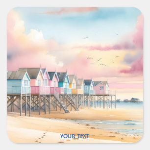 Fantasy Cute Watercolor Beach Huts Square Sticker