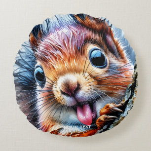 Fantasy Cute Watercolor Squirrel Tongue Round Cushion