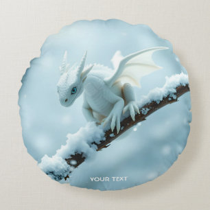 Fantasy Cute White Baby Dragon Round Cushion