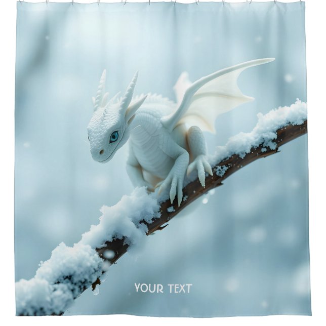 Fantasy Cute White Baby Dragon Shower Curtain (Front)