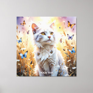Fantasy Cute White Cat Butterflies Canvas Print