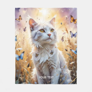 Fantasy Cute White Cat Butterflies Fleece Blanket