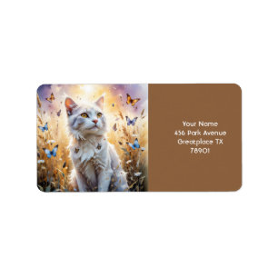 Fantasy Cute White Cat Butterflies Label