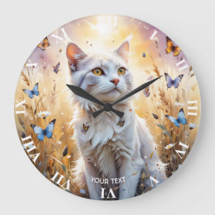 Fantasy Cute White Cat Butterflies Large Clock