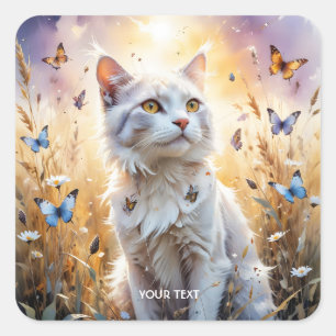 Fantasy Cute White Cat Butterflies Square Sticker