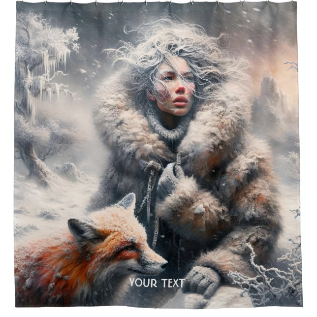 Fantasy Cute Winter Girl Fox Shower Curtain (Front)