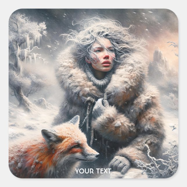 Fantasy Cute Winter Girl Fox Square Sticker (Front)