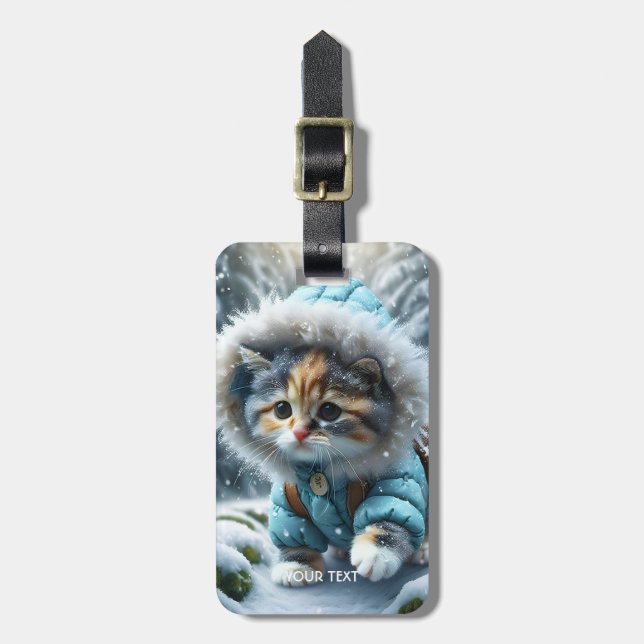 Fantasy Cute Winter Kitten Snow Luggage Tag (Front Vertical)
