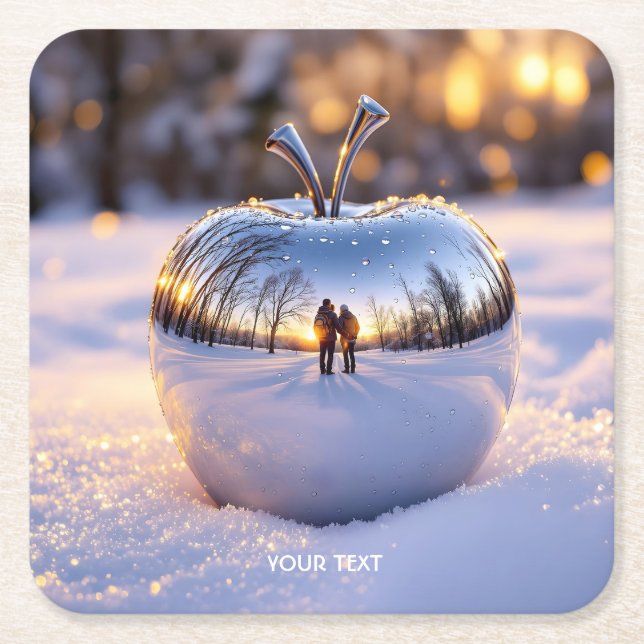 Fantasy Cute Winter Snow Apple Square Paper Coaster (Front)